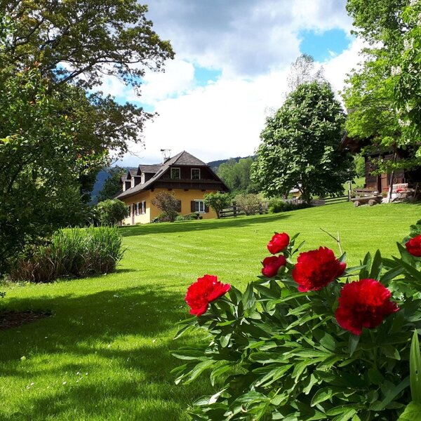 The spacious lawn and garden area of the Farm House, with blooming red flowers in the foreground and surrounding trees.