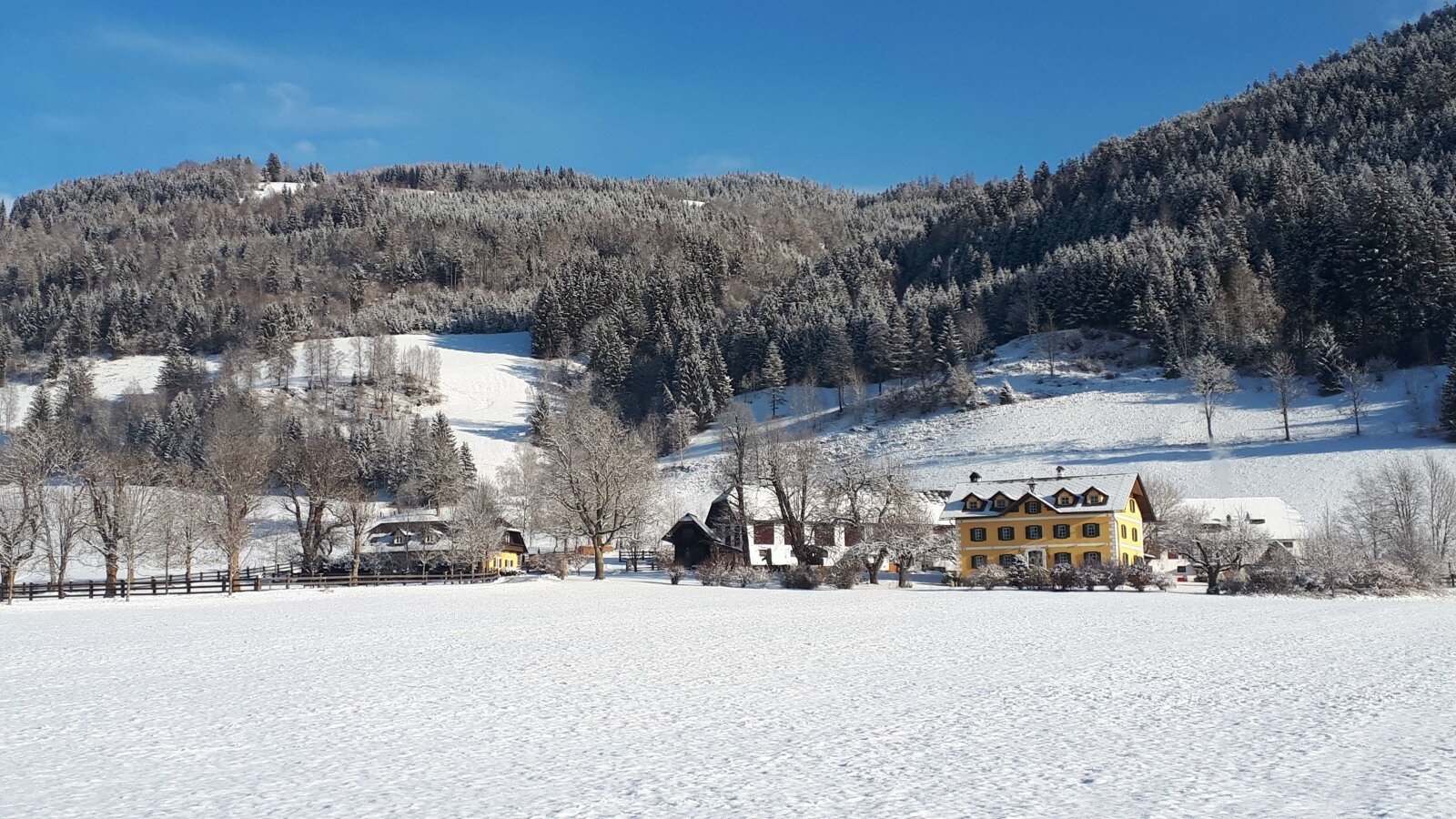 The Farm House surrounded by a snowy winter landscape, with forested hills in the background.