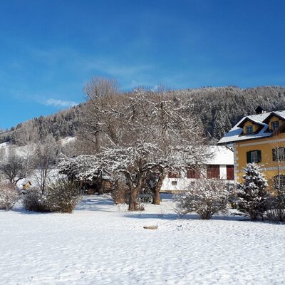 The yellow Farm House building with green shutters, set against snow-covered grounds and forest hills under a clear blue sky.