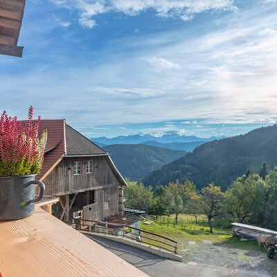 Balcony of the Ferienhaus with a view of the surrounding mountain landscape and a wooden building.