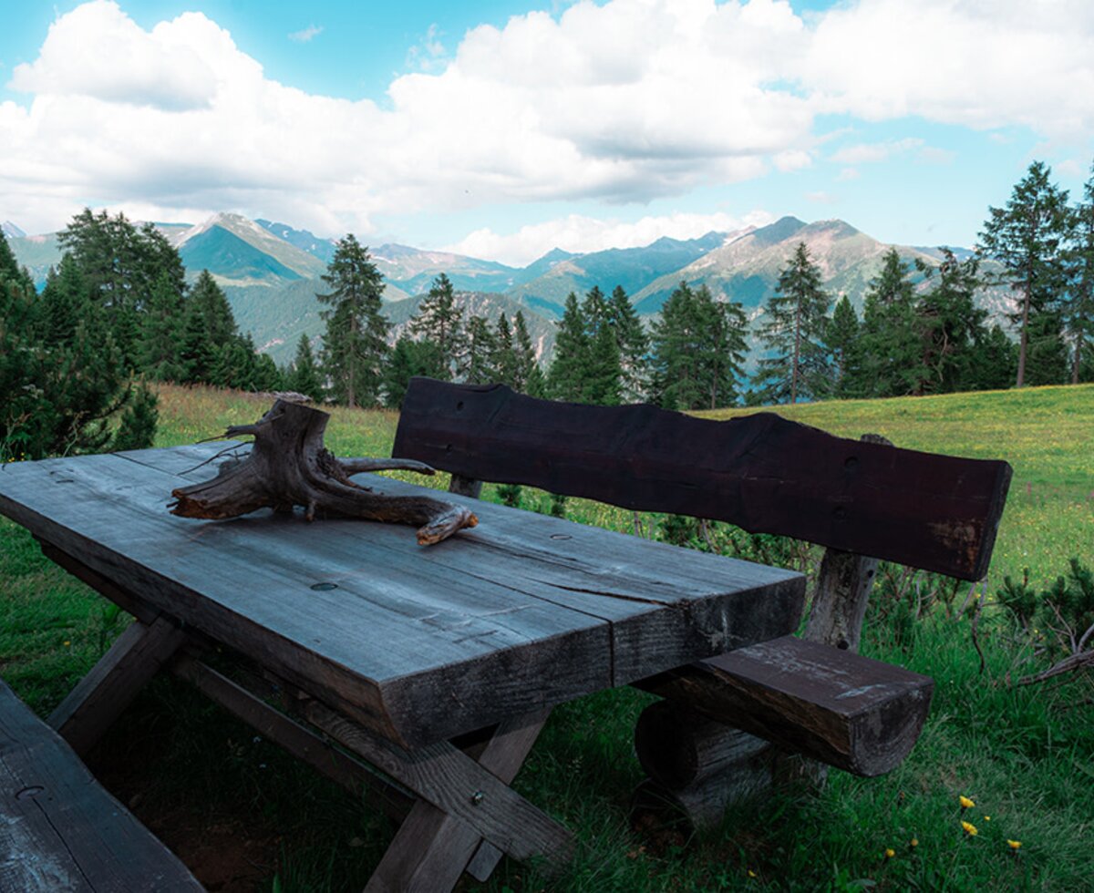 Outdoor wooden picnic table and bench with mountain views from the Alpine Hut.