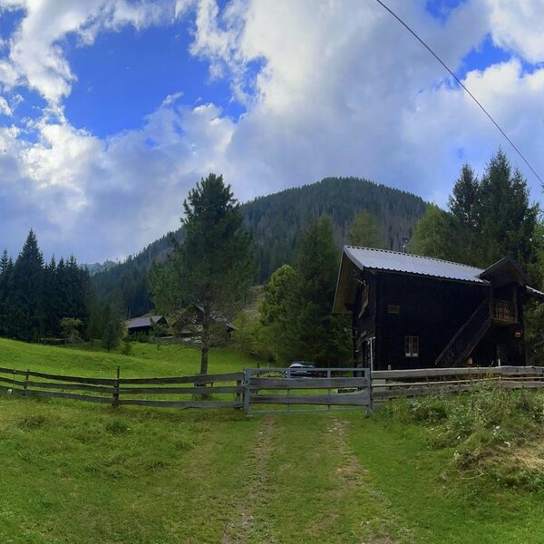 A rustic Alm set amidst lush green meadows, surrounded by dense pine trees and rolling mountain slopes.