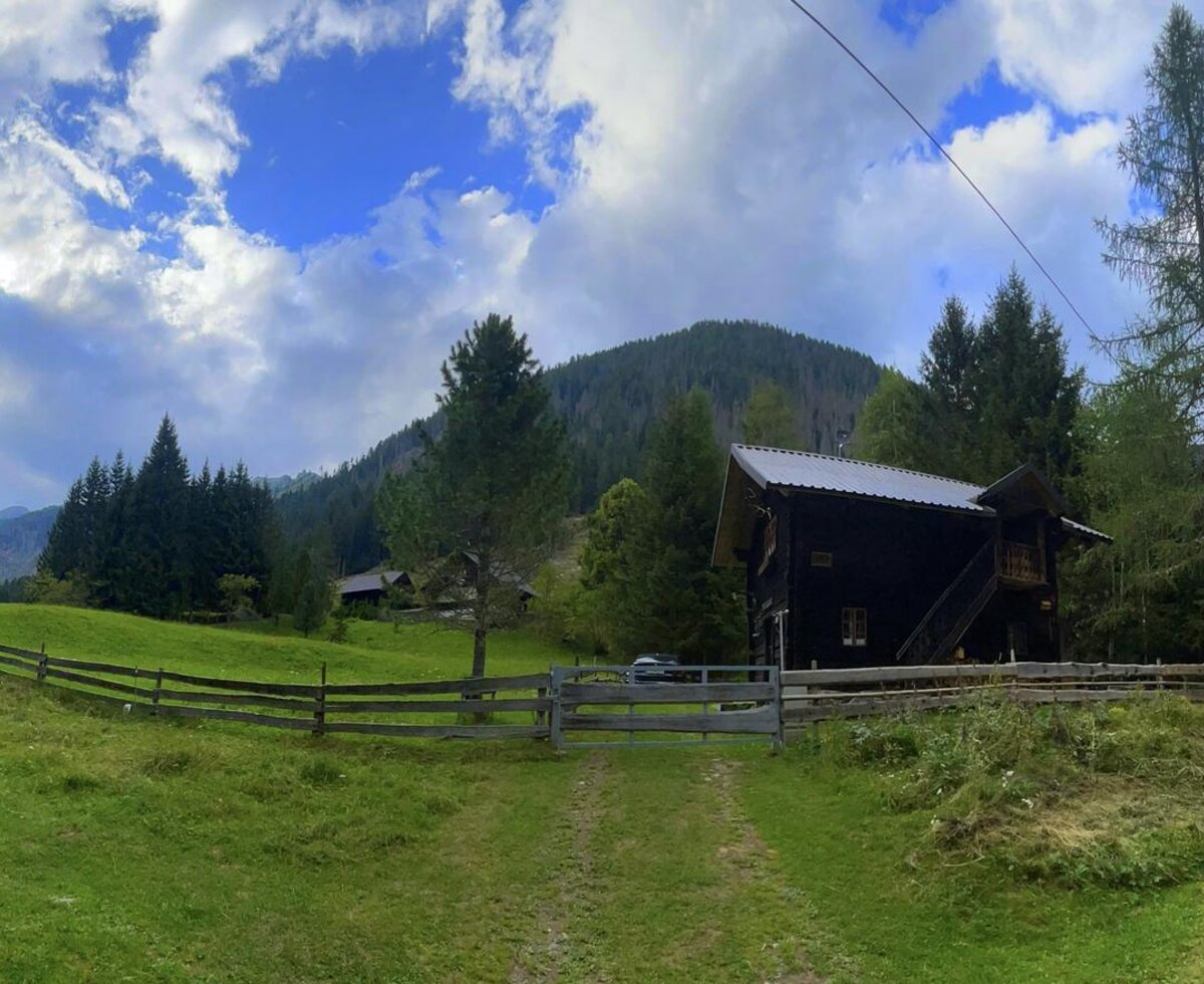 A rustic Alm set amidst lush green meadows, surrounded by dense pine trees and rolling mountain slopes.