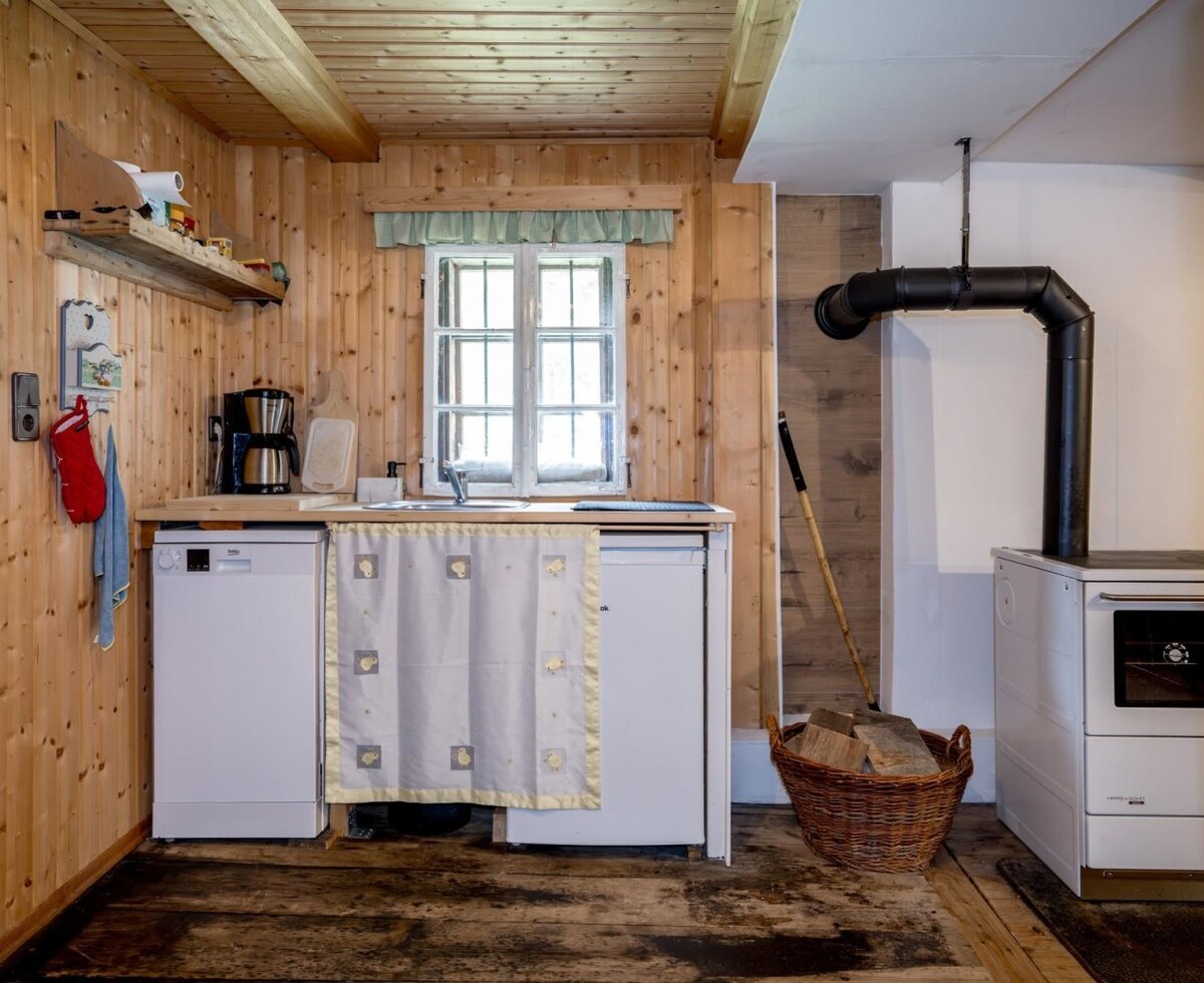The Alm's cozy kitchen area with rustic wood paneling, modern appliances, and a traditional wood-burning stove.