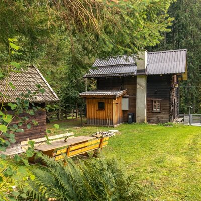 The inviting Alm features a well-kept, green garden area with rustic wooden seating surrounded by idyllic nature.