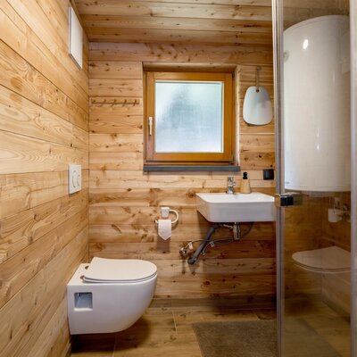 A modern bathroom in the Alm featuring cozy wooden paneling, a glass shower, and a toilet.