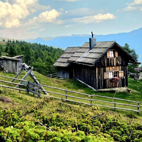 The rustic alm is nestled in an idyllic mountain landscape with vast meadows and sweeping views.