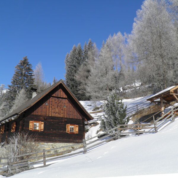 The Alpine Hut, a dark wooden structure with a stone foundation, is situated on a snow-covered slope surrounded by frosted trees under a clear blue sky.