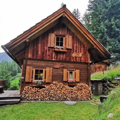 Exterior view of the Alm with a wooden facade, window shutters, flower boxes, a stack of firewood, and a small wooden terrace.