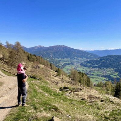 Hiking trail at the Alm with panoramic views of the valley and mountains, ideal for family excursions.