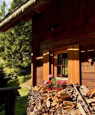 Exterior of the Alm with a wooden facade, window shutters, flower boxes, and a stack of firewood.