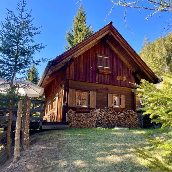 The Alm exterior, featuring a wooden facade, gabled roof, shutters, and a stack of firewood in front of a grassy area.