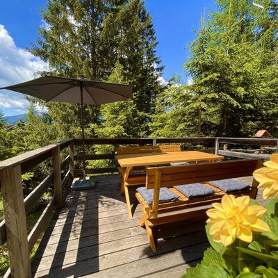 Outdoor terrace of the Alm with a wooden table, benches with cushions, and an umbrella, surrounded by trees and offering mountain views.