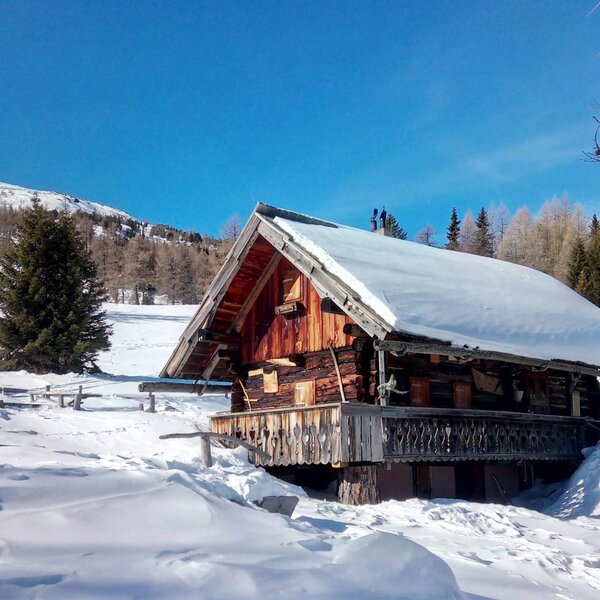The Alpine Hut exterior, featuring a wooden structure with a snow-covered roof and a traditional carved balcony, surrounded by a snowy landscape. The Alpine Hut exterior, featuring a wooden structure with a snow-covered roof and a traditional carved balcony, surrounded by a snowy landscape.