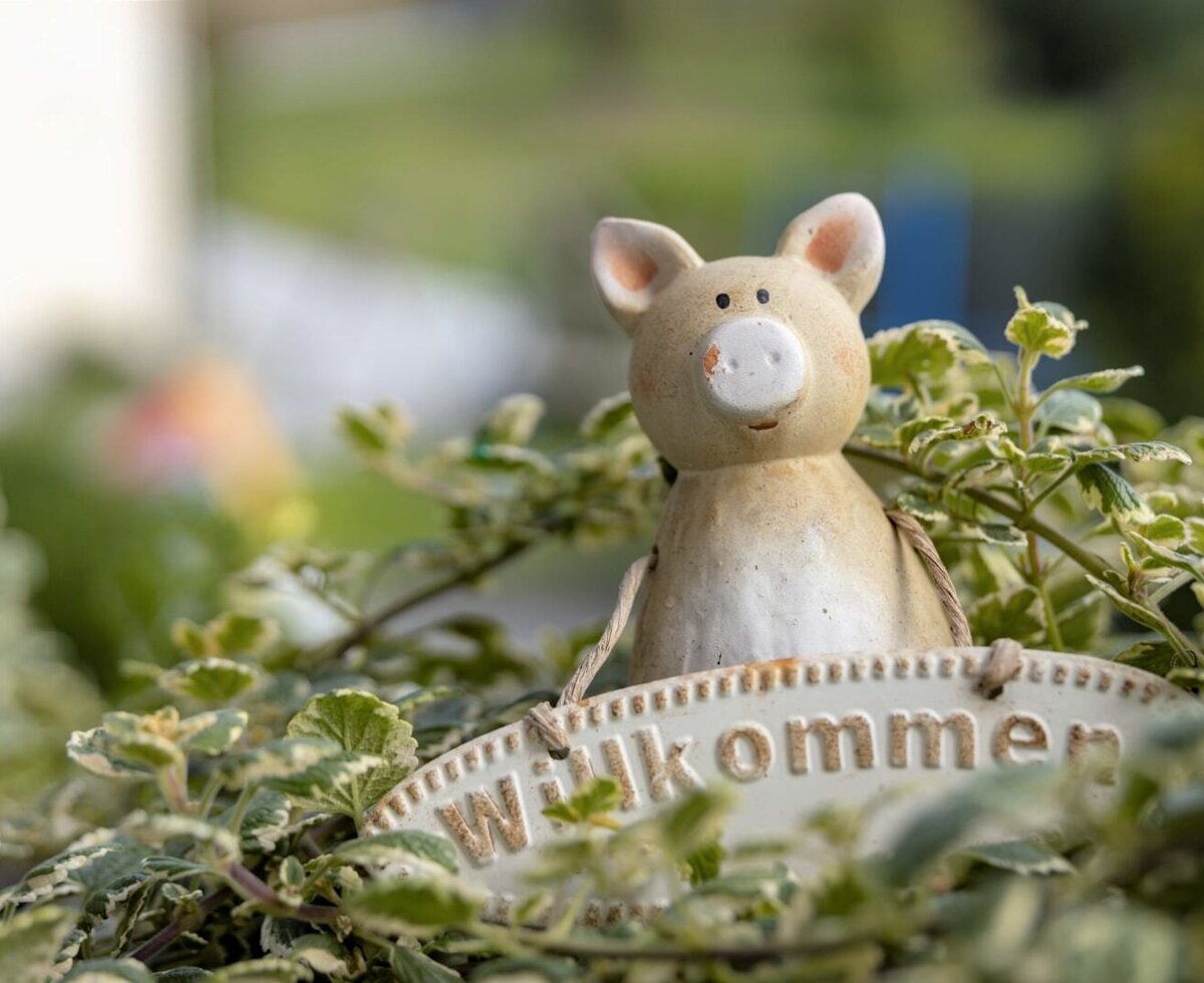 A pig figurine holding a 'Willkommen' (Welcome) sign among green foliage, a welcoming detail at the Farm House.