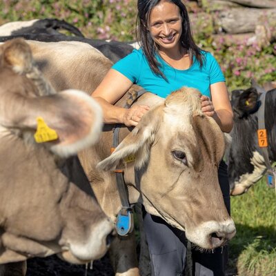 A woman interacting with cows at the Farm House.