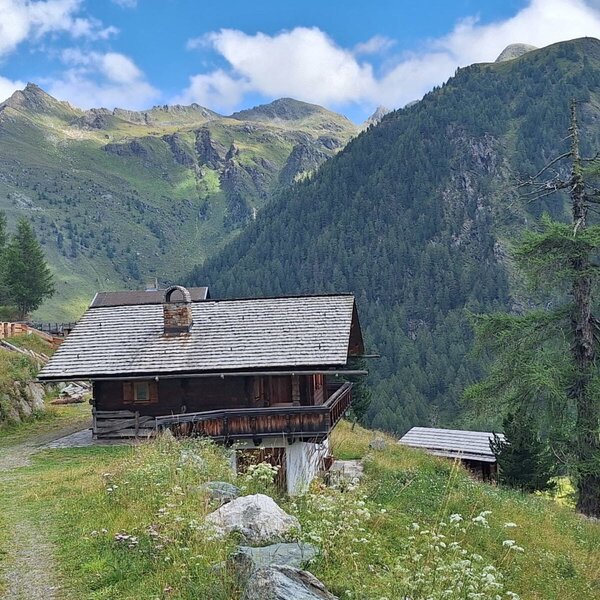 A rustic wooden Alm, idyllically situated amidst a scenic mountain landscape with lush green slopes.