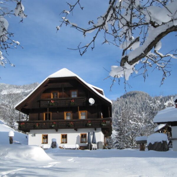 The exterior of the Farm House during winter, with snow-covered balconies, trees, and mountains in the background.