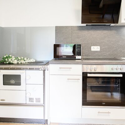 The farmhouse kitchen features a modern oven, microwave, and sink, alongside a traditional wood-burning stove.