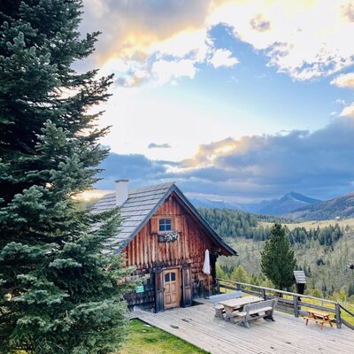 The Alpine Hut features a wooden exterior and a spacious outdoor terrace with picnic tables, set among evergreen trees with mountain views.