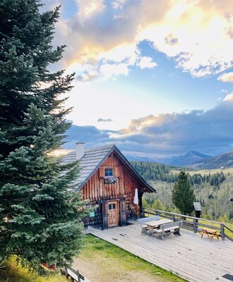 The Alpine Hut features a wooden exterior and a spacious outdoor terrace with picnic tables, set among evergreen trees with mountain views.