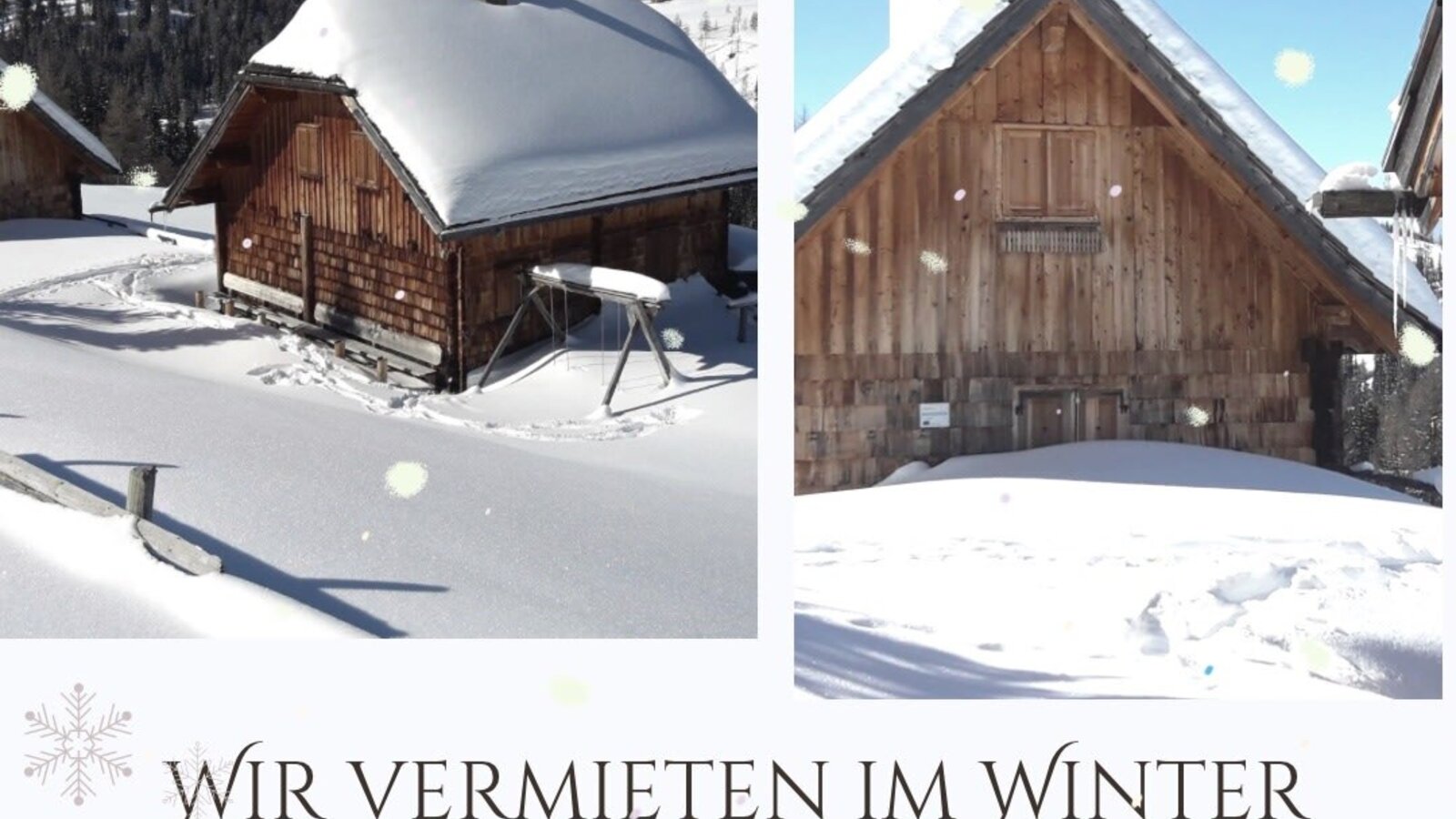 The wooden Alpine Hut covered in snow, set in a winter mountain landscape.