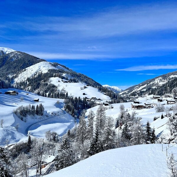Snowy mountain valley landscape surrounding the Farm House, with scattered buildings and evergreen trees under a clear sky.