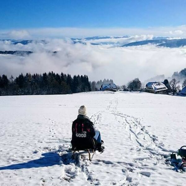 A person sledding in a snowy field at the Farm House, with views over clouds and distant mountains.