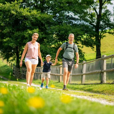 A family with two adults and one child walking on a path in the green surroundings of the farmhouse.