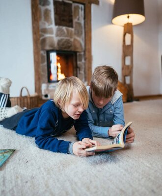 The Alpine Hut features a stone fireplace and a carpeted living space.