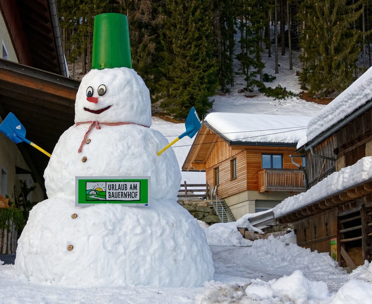 A large snowman with a "Holiday on the Farm" sign stands outside the Farm House, surrounded by snow.