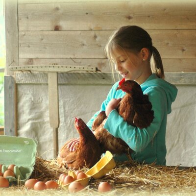 A child holds chickens next to fresh eggs on hay from the Panoramahof Farm House.