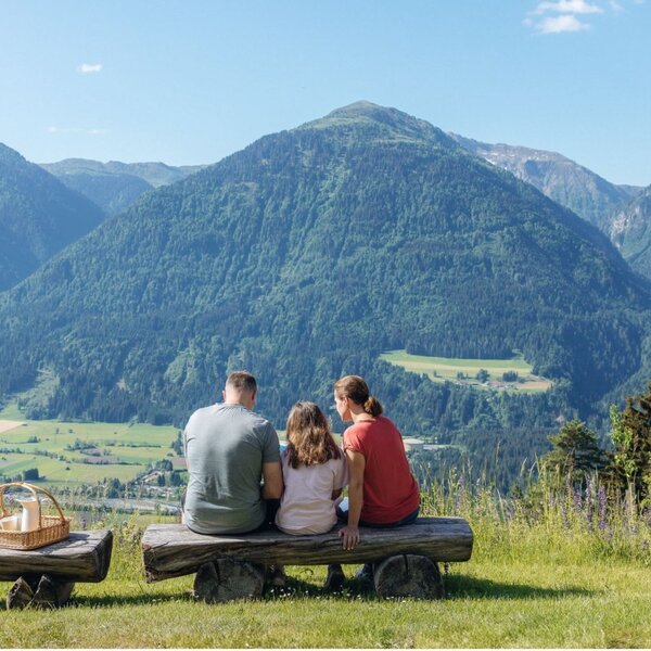 A family enjoys the panoramic view of the mountains and valley from the Panoramahof farmhouse, seated on wooden benches with a picnic basket.