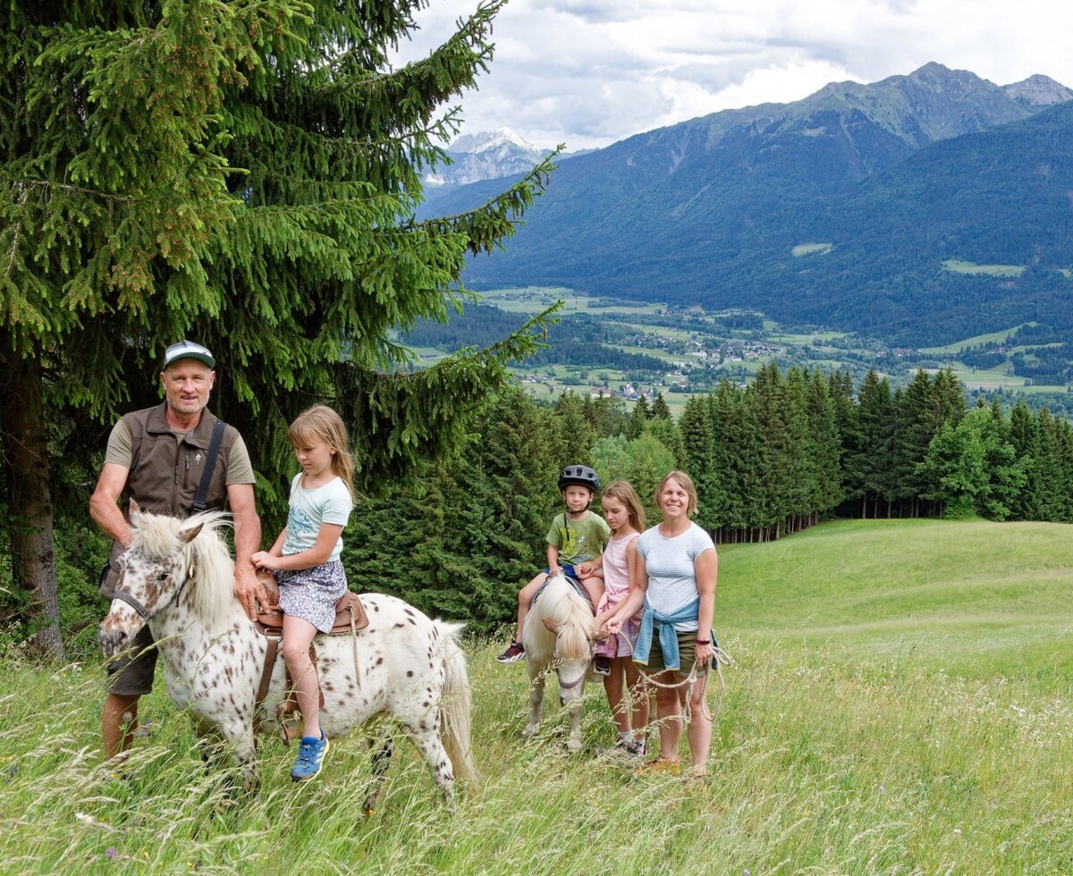Pony riding for children at the farmhouse with mountain views.