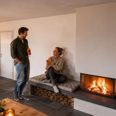 Living and lounge area in the converted old cider press – created for guests to stay, cook and relax.