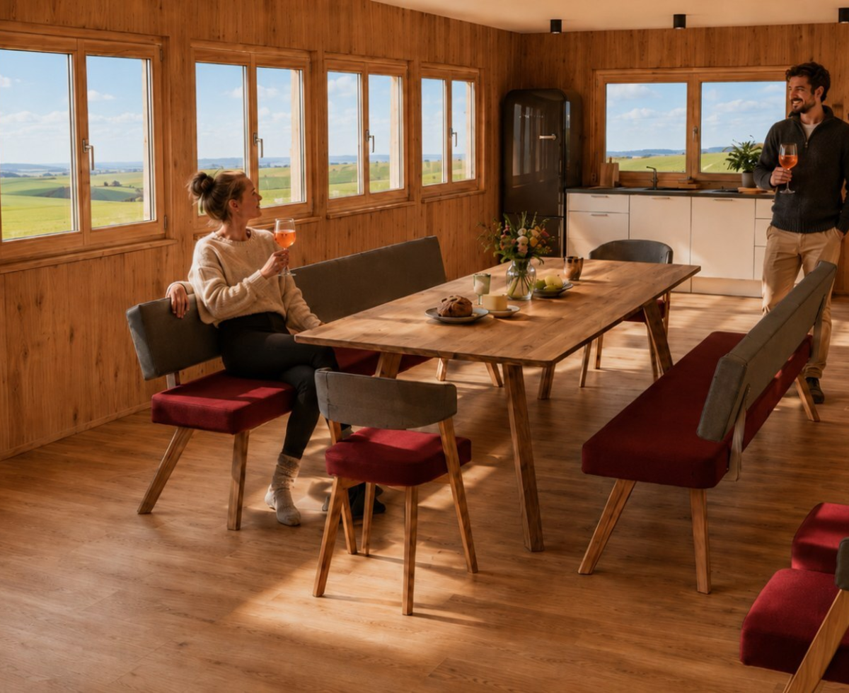 The open room serves as a lounge and shared guest area and complements our farm holiday offering.