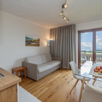 Living area in the Farm House, featuring a sofa, dining table, kitchenette, and balcony access with mountain views.