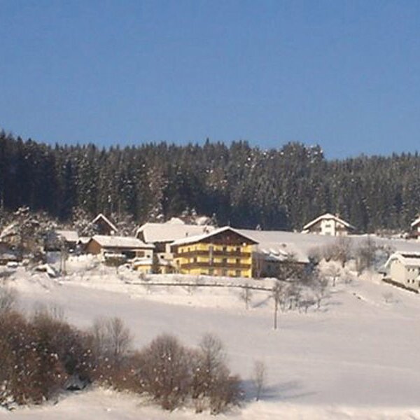 The Farm House and surrounding buildings set in a snow-covered winter landscape, backed by a forest.
