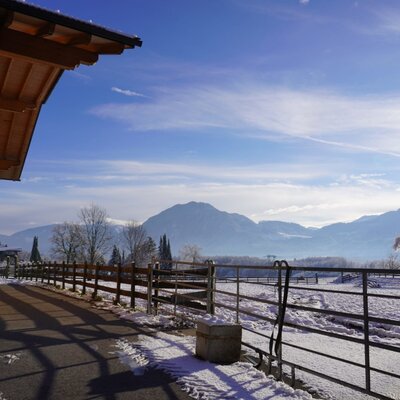 The Farm House grounds with snow-covered fields, farm fencing, and mountain views.
