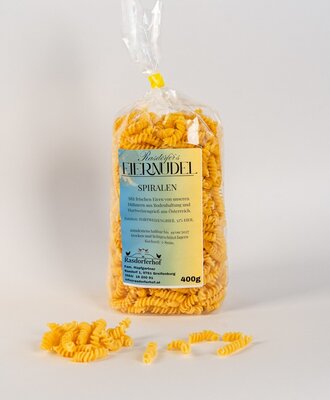 A bag of spiral egg noodles, a product of the Rasdorferhof farmhouse.