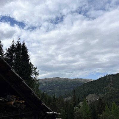 View from the Alm of the surrounding, densely forested mountains under a wide, cloudy sky.