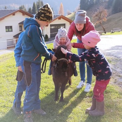 Children riding and petting a pony at the farmhouse.