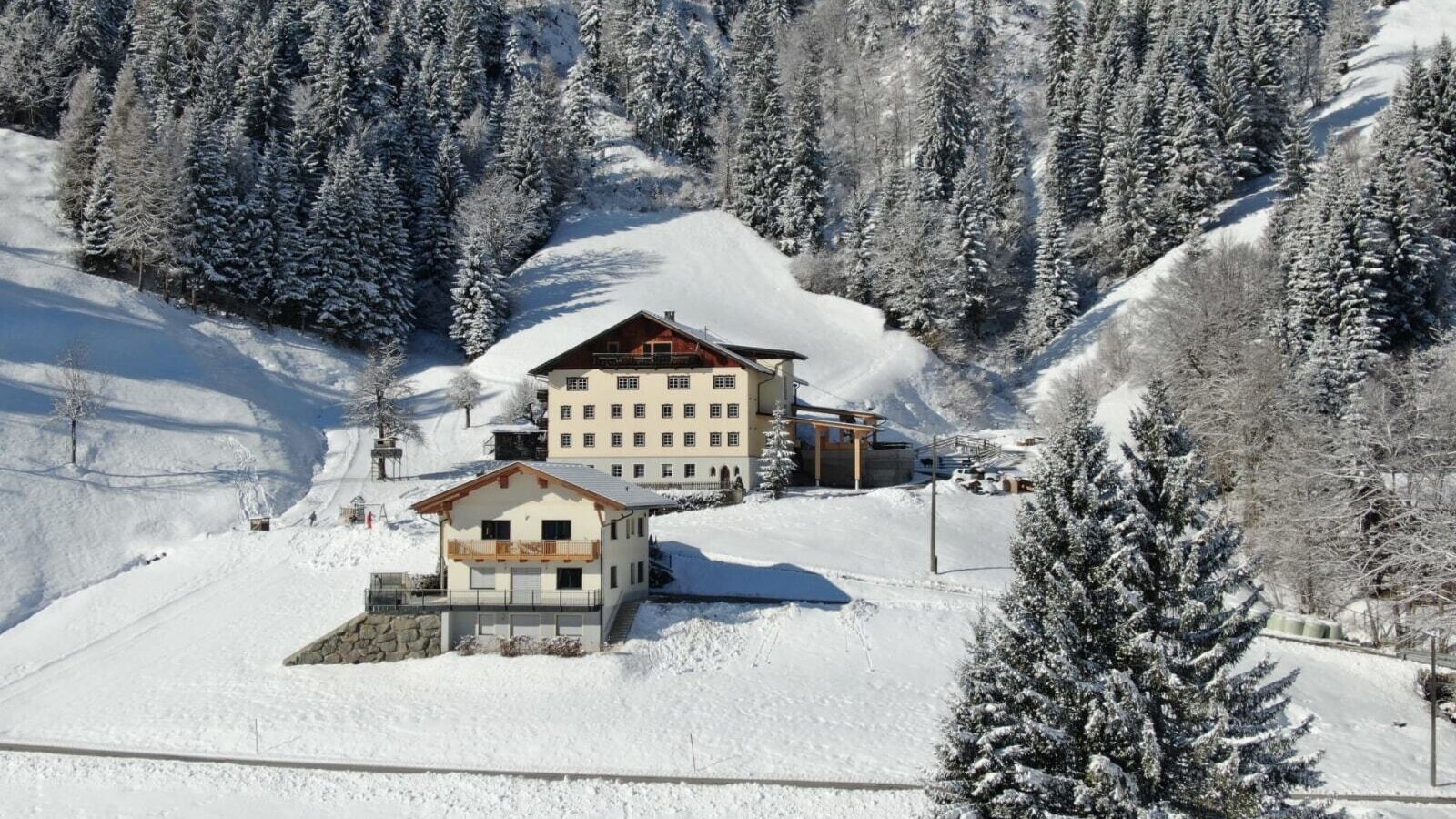 The farmhouse in a snowy mountain landscape with pine trees and ski slopes.