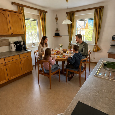 Kitchen and dining area in the holiday home with a round table for shared meals.