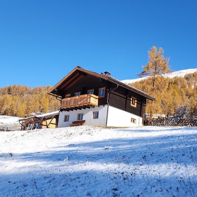 The Almhütte in a snowy landscape with golden trees.