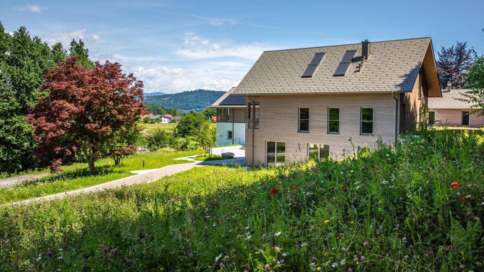 Exterior view of the Ferienwohnung with a wooden facade, surrounded by a blooming meadow and an access path.