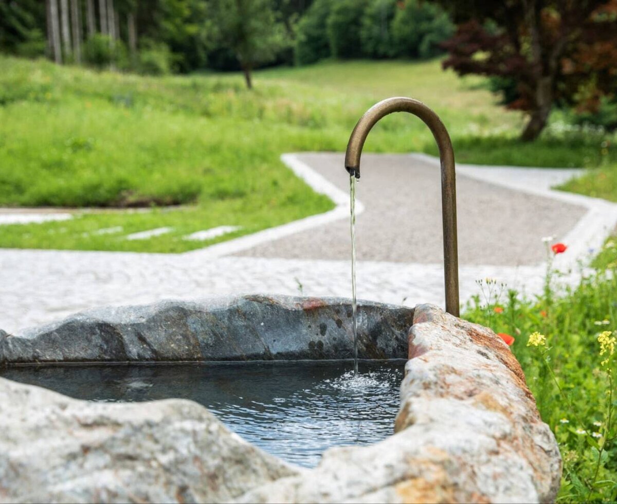 A charming stone fountain with flowing water in the apartment's inviting garden area.