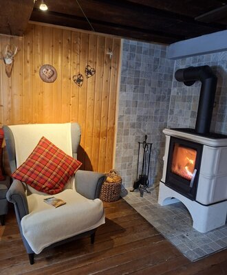 A cozy corner in the cabin featuring an inviting armchair and a warm fireplace.