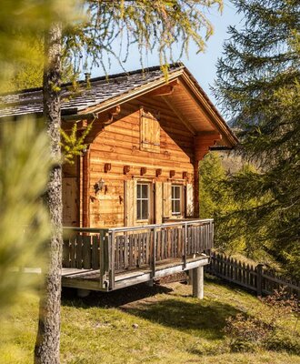 The Alm's exterior, featuring a wooden facade and a balcony, surrounded by trees and green areas.