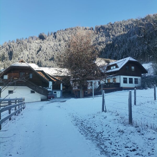 The farm house exterior and snowy driveway, set against a snow-covered forested hillside.